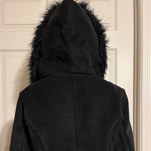 INC black faux suede jacket, faux fur cuffs & hood, size Junior Medium (9) - Picture 3 of 7